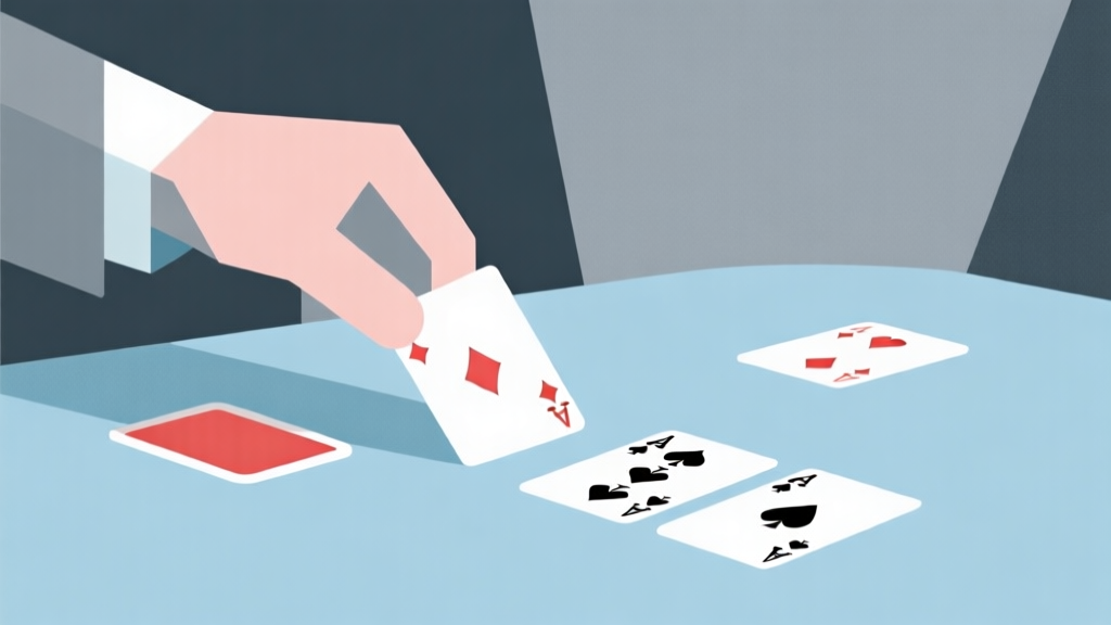 Simple geometric illustration of a hand dealing playing cards onto a table, minimalist style, soft blue and grey color scheme, clean lines, professional card game concept high quality illustration, detailed, 16:9
