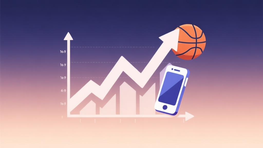 Upward trending graph with basketball and mobile phone icons integrated, soft gradient background, clean geometric shapes, representing growth trend in mobile sports games high quality illustration, detailed, 16:9