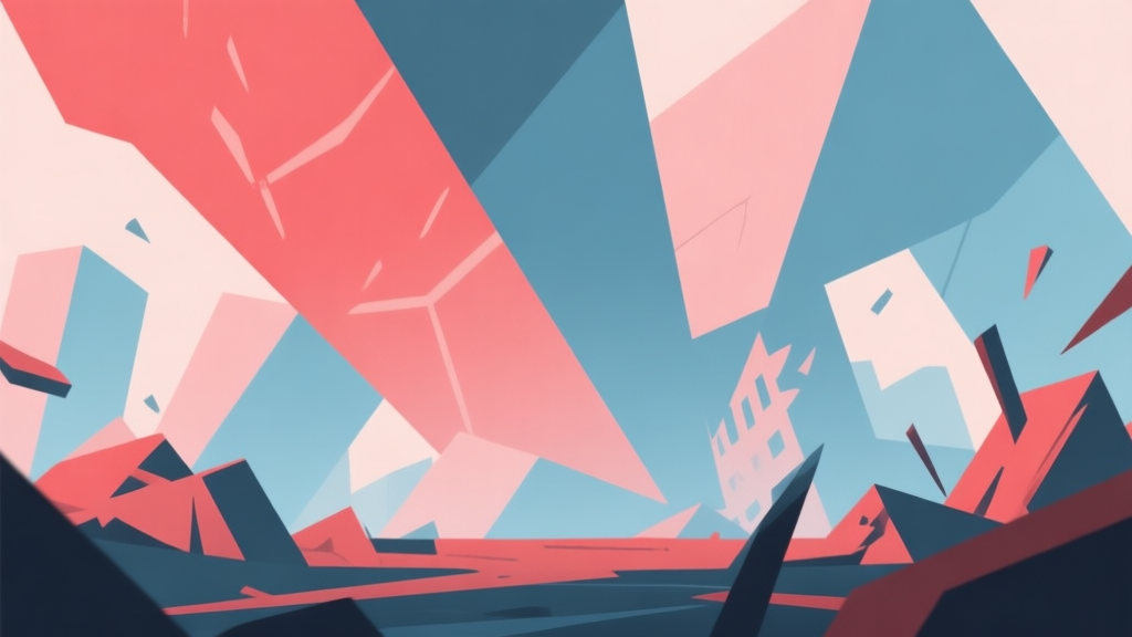 Abstract geometric composition with overlapping shapes representing disaster and conflict, soft red and blue pastel colors, modern minimal style, professional game concept illustration high quality illustration, detailed, 16:9