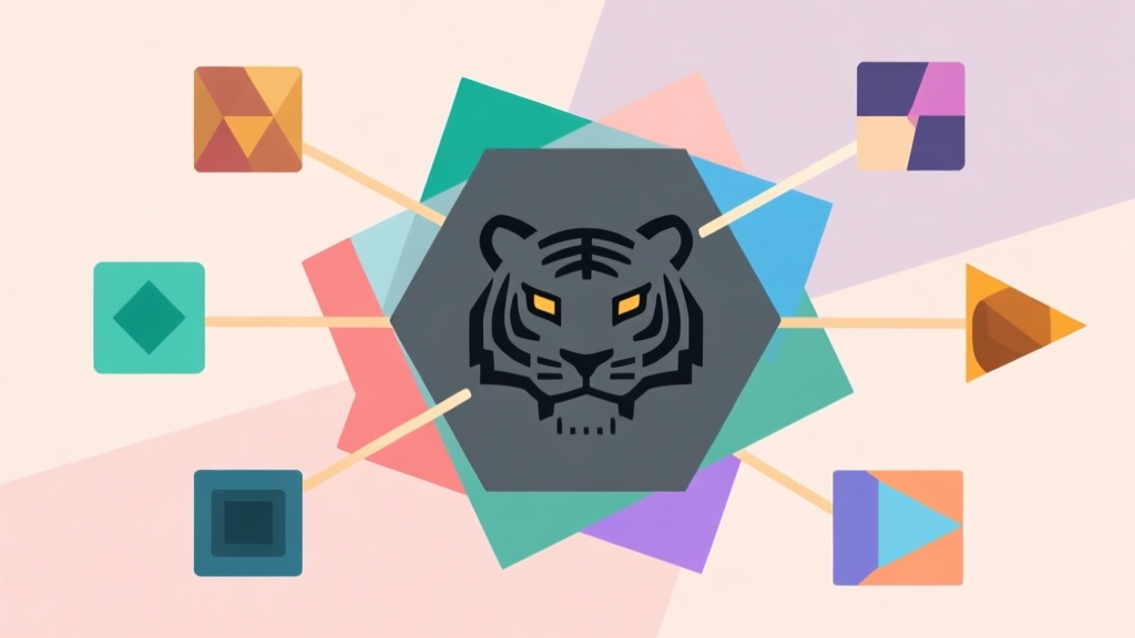Abstract geometric composition with overlapping shapes representing game balance: a large, dominant dark grey hexagon (Tiger) surrounded by smaller colorful triangles and squares (other units), connected by lines of force, soft pastel colors, modern minimal style, professional game design concept illustration high quality illustration, detailed, 16:9