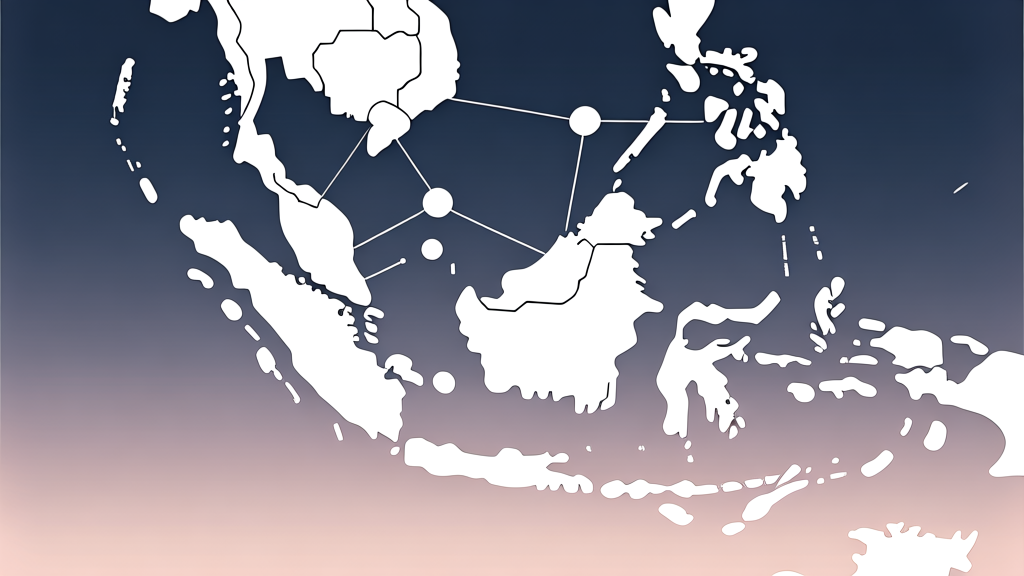 Abstract network nodes connected by lines over a map of Indonesia, soft gradient background, clean minimal illustration, modern digital community concept high quality illustration, detailed, 16:9