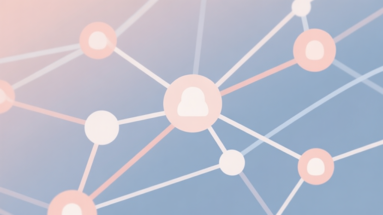 自动生成图片: Abstract network nodes connected by lines, soft color scheme, clean minimal illustration, modern digital concept of social connection and community high quality illustration, detailed, 16:9