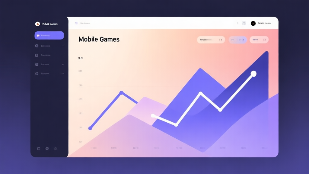 Minimalist business dashboard with abstract data visualization showing upward trend lines for mobile games, soft gradient background, professional color scheme, clean geometric shapes, flat design style high quality illustration, detailed, 16:9