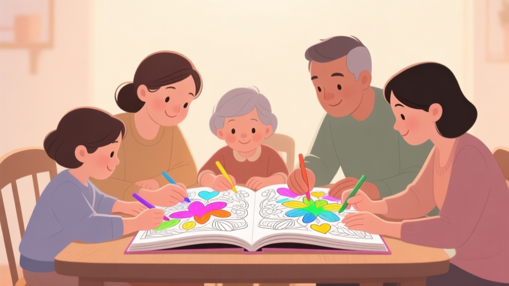 A family of diverse ages gathered around a table, collaboratively coloring in a large magic coloring book. Soft, warm lighting, focus on the hands and the book where colors are magically appearing, minimalist and heartwarming style high quality illustration, detailed, 16:9