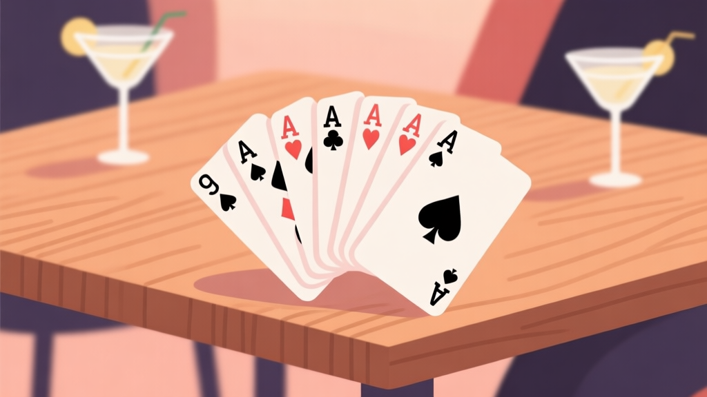 A minimalist flat design illustration of playing cards fanned out on a casual wooden table, with simple cocktail glasses in the background. Soft, warm social colors, clean lines, abstract and friendly style. high quality illustration, detailed, 16:9