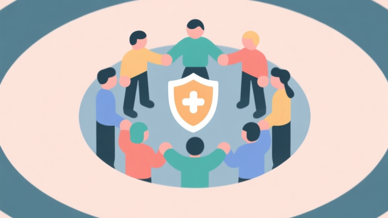 自动生成图片: Simple human figures in circular arrangement interacting, one figure with a shield icon, soft colors, flat design icons, teamwork and social game concept illustration, minimalist style high quality illustration, detailed, 16:9