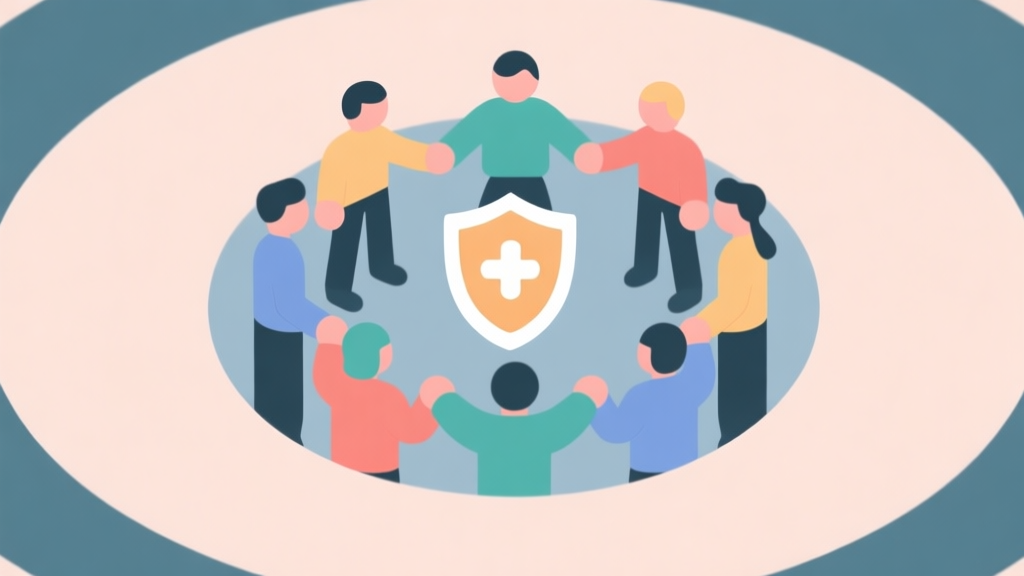 Simple human figures in circular arrangement interacting, one figure with a shield icon, soft colors, flat design icons, teamwork and social game concept illustration, minimalist style high quality illustration, detailed, 16:9