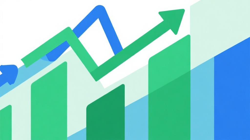 Upward trending graph with simple geometric elements, green and blue color palette, clean business infographic style, minimal design high quality illustration, detailed, 16:9