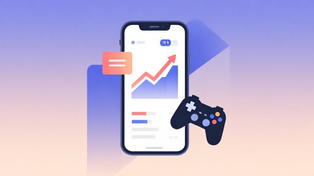 Minimalist business dashboard with abstract data visualization showing upward trends on mobile phone and controller icons, soft gradient background, professional color scheme, clean geometric shapes, flat design style high quality illustration, detailed, 16:9