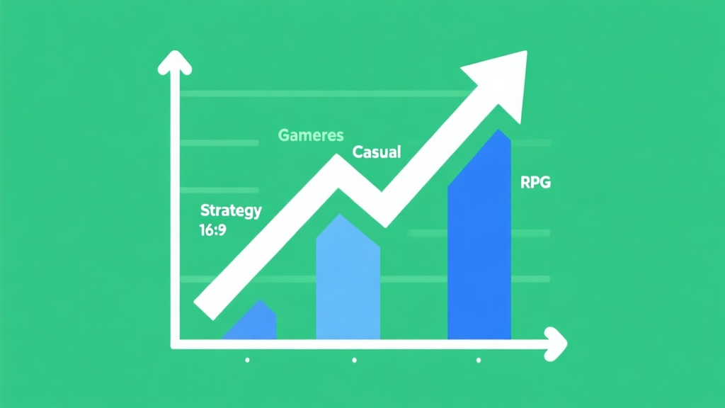 Upward trending graph with simple geometric elements representing different game genres (strategy, casual, RPG), green and blue color palette, clean business infographic style, minimal design high quality illustration, detailed, 16:9