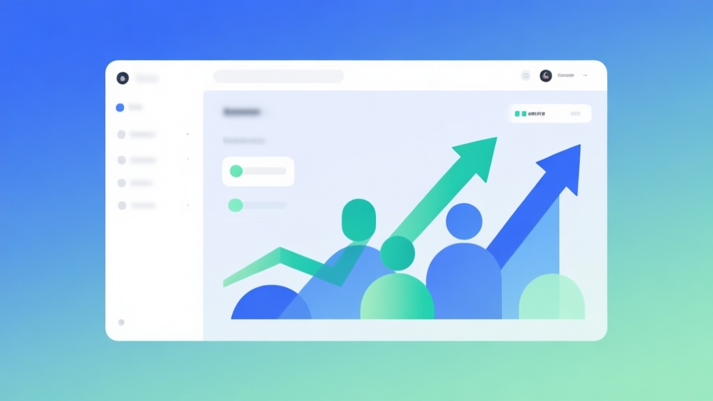 Minimalist business dashboard with abstract data visualization showing upward trends, soft gradient background in blue and green, professional color scheme, clean geometric shapes representing growth and community high quality illustration, detailed, 16:9