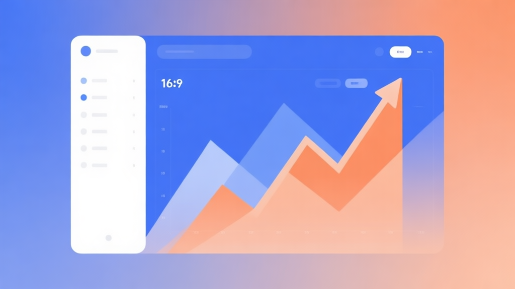 Minimalist business dashboard with abstract data visualization showing upward trends, soft gradient background in blue and orange, professional color scheme, clean geometric shapes representing market growth high quality illustration, detailed, 16:9