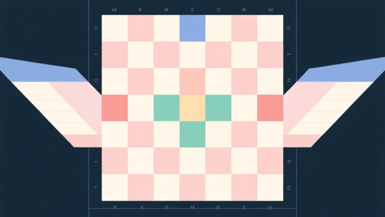 自动生成图片: Abstract geometric composition of a checkerboard with highlighted strategic zones (center, wings, back row), soft pastel colors, clean lines, minimalist strategy game illustration high quality illustration, detailed, 16:9