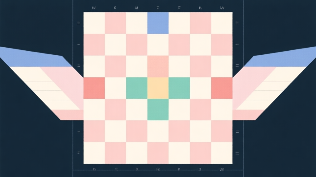 Abstract geometric composition of a checkerboard with highlighted strategic zones (center, wings, back row), soft pastel colors, clean lines, minimalist strategy game illustration high quality illustration, detailed, 16:9