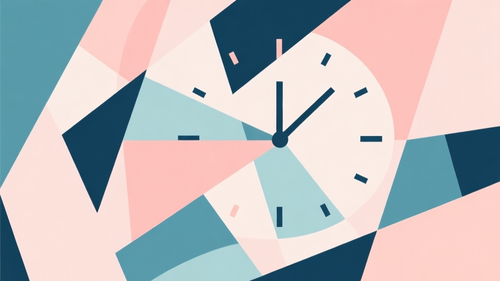 Abstract geometric composition with overlapping shapes representing chaos and order, soft pastel colors, modern minimal style, professional business concept illustration of time management high quality illustration, detailed, 16:9