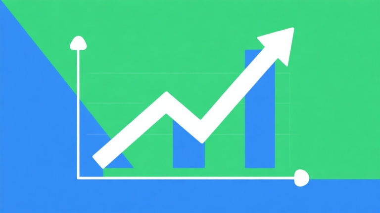 自动生成图片: Upward trending graph with simple geometric elements, green and blue color palette, clean business infographic style, minimal design, representing market growth high quality illustration, detailed, 16:9