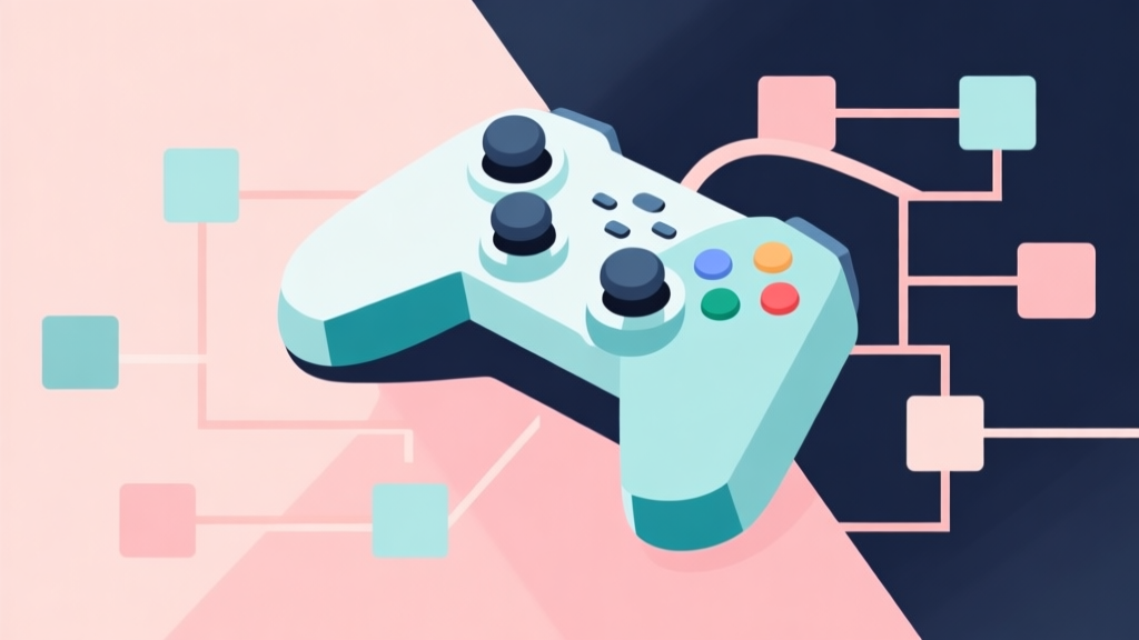 Abstract geometric composition showing a casual game controller transforming into a structured learning graph, soft pastel colors, modern minimal style, professional skill development concept illustration high quality illustration, detailed, 16:9