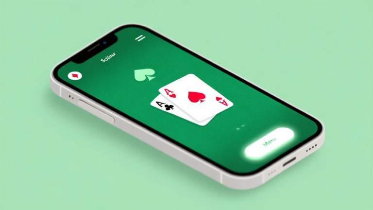 自动生成图片: A minimalist smartphone screen showing a vibrant digital solitaire game interface, clean cards on a soft green felt background, simple geometric icons for menu, soft glowing highlights, professional and calming aesthetic high quality illustration, detailed, 16:9