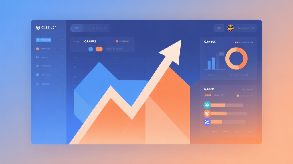 Minimalist business dashboard with abstract data visualization showing upward trends, soft gradient background in blue and orange, professional color scheme, clean geometric shapes representing game genres, flat design style high quality illustration, detailed, 16:9
