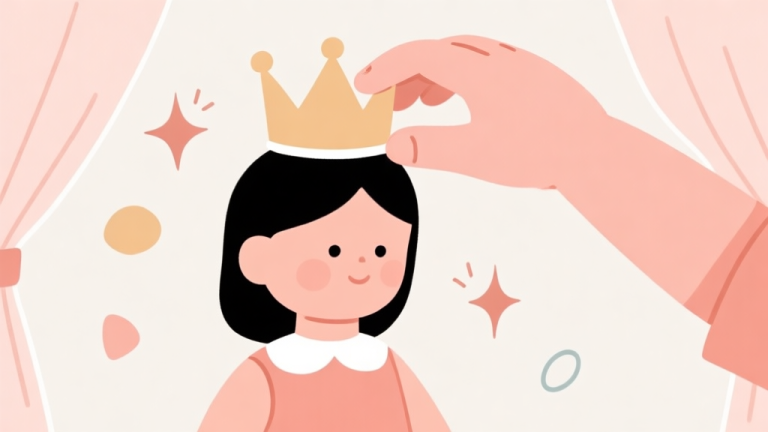 自动生成图片: A minimalist illustration of a child's hand placing a crown on a doll's head, surrounded by simple shapes representing sparkles and fabric, soft pastel color scheme, clean lines, focus on fine motor skill action high quality illustration, detailed, 16:9