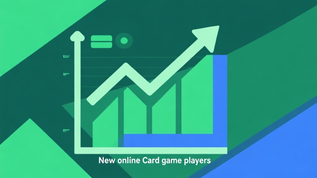 Upward trending graph with simple geometric elements, green and blue color palette, clean business infographic style, minimal design, showing growth of new online card game players high quality illustration, detailed, 16:9