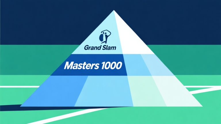 自动生成图片: Abstract geometric composition with overlapping shapes forming a pyramid, the top labeled "Grand Slam", the middle section labeled "Masters 1000" in larger blocks, soft blue and green color scheme, modern minimal style, professional sports concept illustration high quality illustration, detailed, 16:9