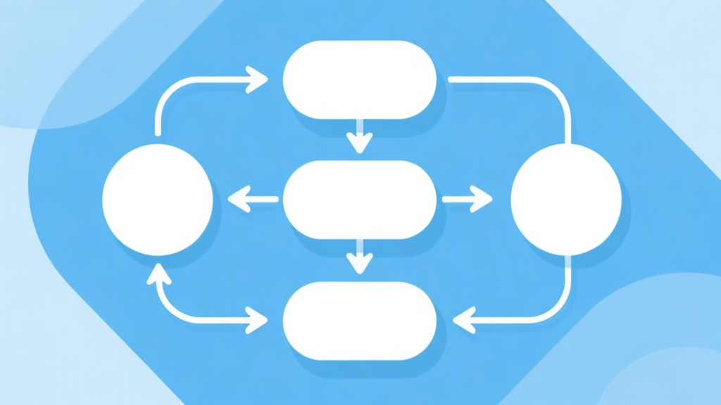 Simple flowchart illustration with connected circles and arrows, light blue and white color scheme, clean minimal design, business presentation style high quality illustration, detailed, 16:9