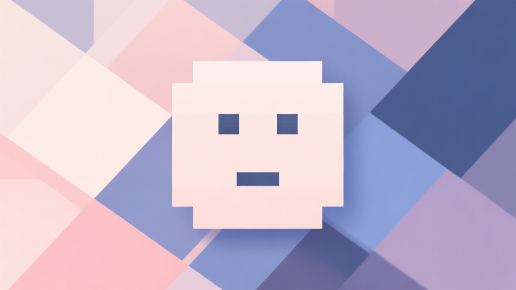 Abstract geometric composition with overlapping squares and pixels forming a simple face icon, soft pastel colors, modern minimal style, digital art concept illustration high quality illustration, detailed, 16:9