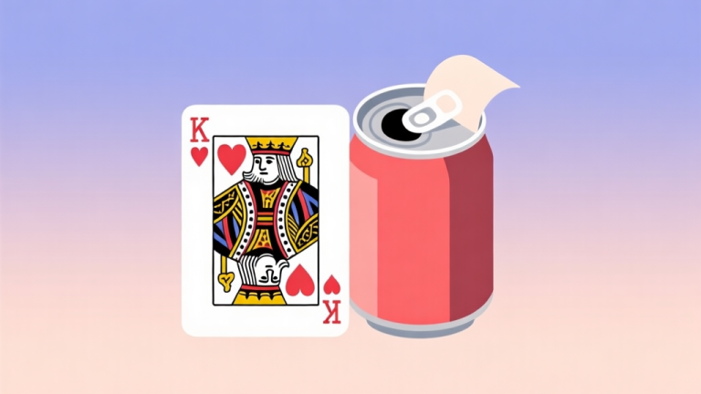 自动生成图片: A minimalist flat design illustration of a playing card (King of Hearts) placed next to a beverage can with a perfectly peeled-off lid, on a soft gradient background. Clean lines, pastel colors, no text. high quality illustration, detailed, 16:9