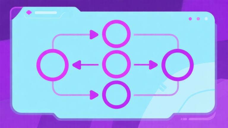 自动生成图片: Simple flowchart illustration with connected circles and arrows representing game controls, light blue and neon purple color scheme, clean minimal design, digital interface concept high quality illustration, detailed, 16:9