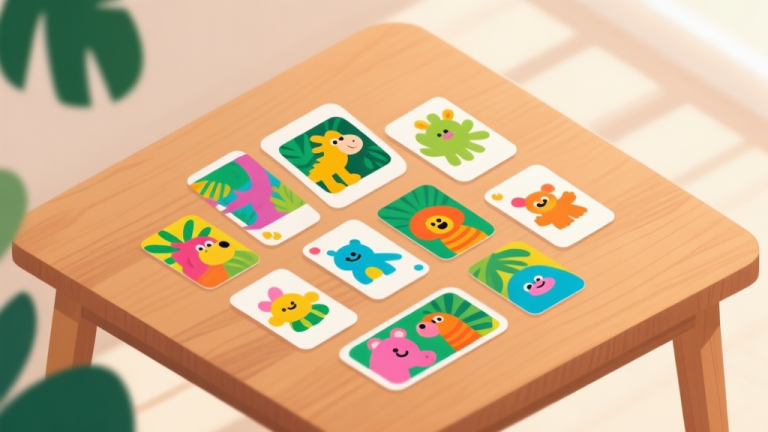 自动生成图片: A vibrant, minimalist flat-lay of colorful Jungle Friends cards arranged in a playful pattern on a wooden table, with soft natural lighting, evoking warmth and family fun high quality illustration, detailed, 16:9