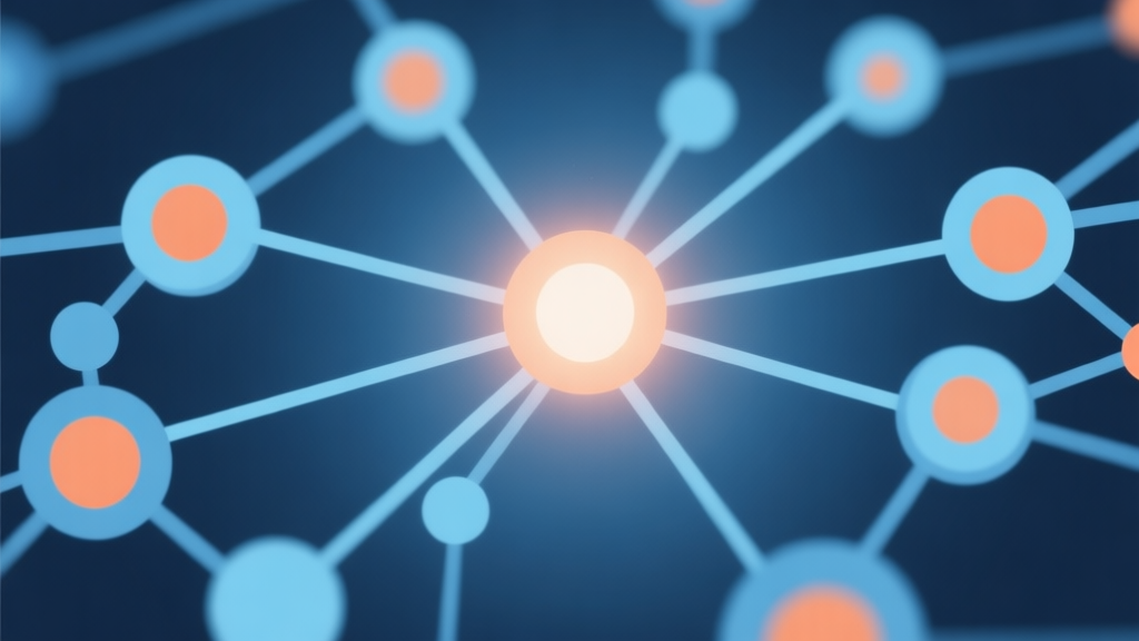 Abstract network nodes connected by lines converging to a central glowing point, soft blue and orange color scheme, clean minimal illustration, modern digital concept of teamwork and coordination high quality illustration, detailed, 16:9