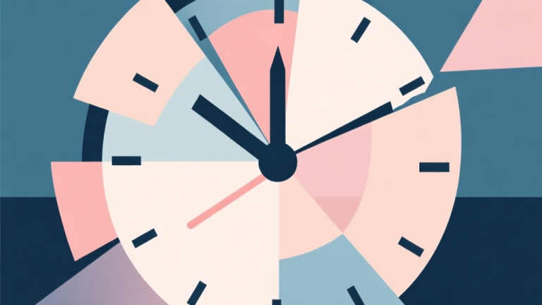 自动生成图片: Abstract geometric composition with overlapping shapes representing fragmented time, soft pastel colors, modern minimal style, professional business concept illustration of time segmentation high quality illustration, detailed, 16:9