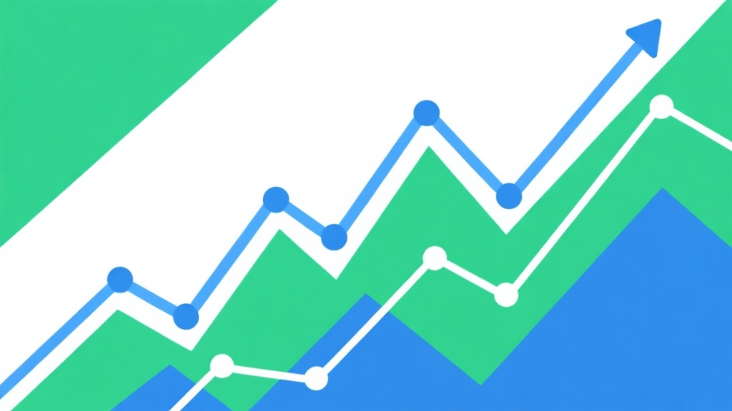 Upward trending graph with simple geometric elements, green and blue color palette, clean business infographic style, minimal design, showing multiple rising lines high quality illustration, detailed, 16:9