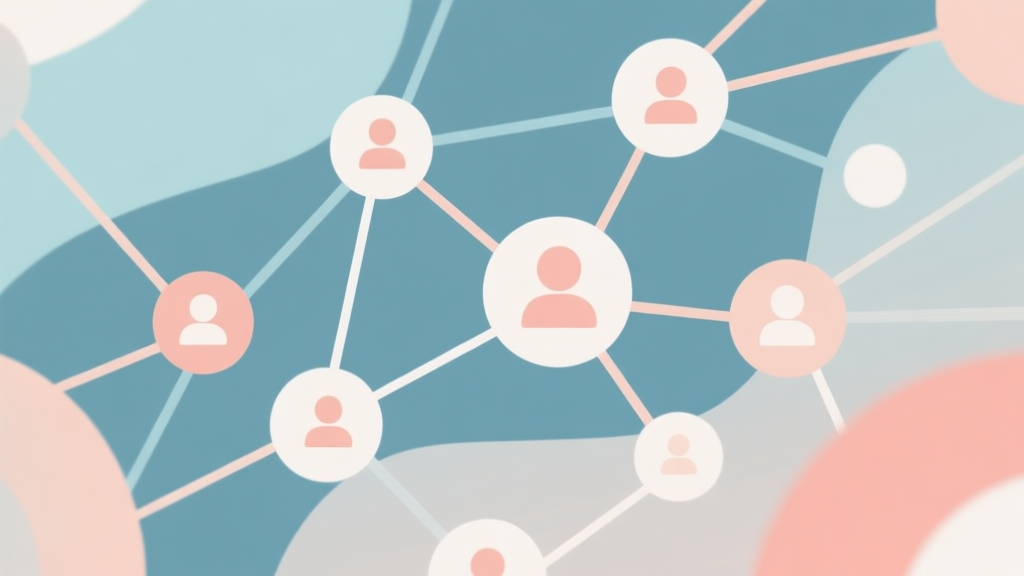 Abstract network nodes connected by lines, soft color scheme, clean minimal illustration, modern digital concept of social interaction and community high quality illustration, detailed, 16:9