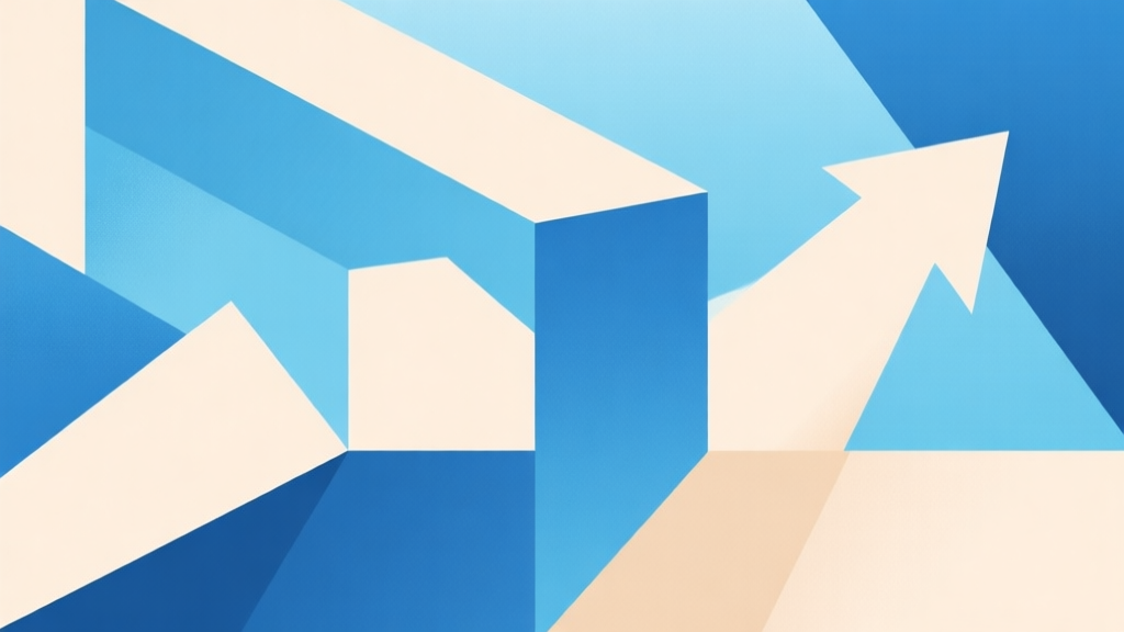 Abstract geometric composition with overlapping shapes in ocean blue and sandy beige, soft pastel colors, modern minimal style, professional business concept illustration of growth and exploration high quality illustration, detailed, 16:9