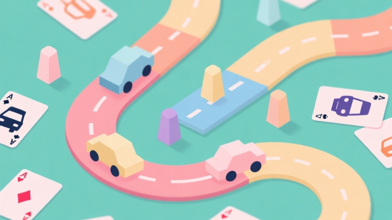 自动生成图片: A minimalist top-down view of a colorful race track board game, with simple geometric car tokens on a path, playing cards with car icons scattered, soft pastel colors, clean flat design illustration high quality illustration, detailed, 16:9