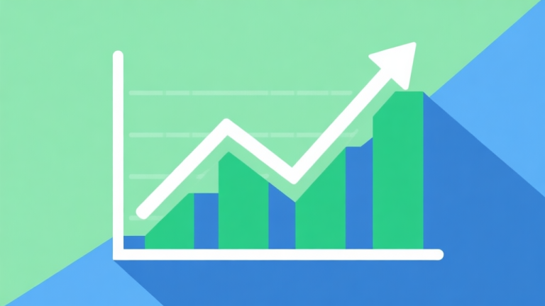 自动生成图片: Upward trending graph with simple geometric elements, green and blue color palette, clean business infographic style, minimal design, representing market growth high quality illustration, detailed, 16:9