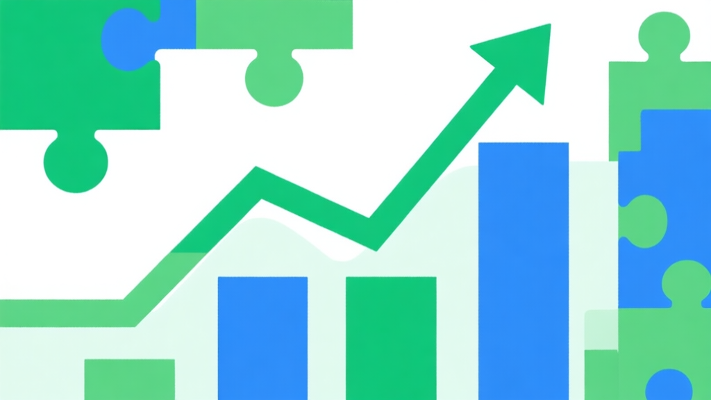 Upward trending graph with simple geometric elements, green and blue color palette, clean business infographic style, minimal design, representing growth of puzzle game genre high quality illustration, detailed, 16:9