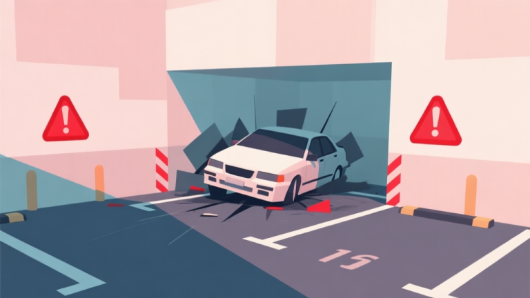 自动生成图片: Abstract geometric composition showing a car misaligned in a parking bay, with red warning indicators and soft pastel colors, modern minimal style, professional game design concept illustration high quality illustration, detailed, 16:9