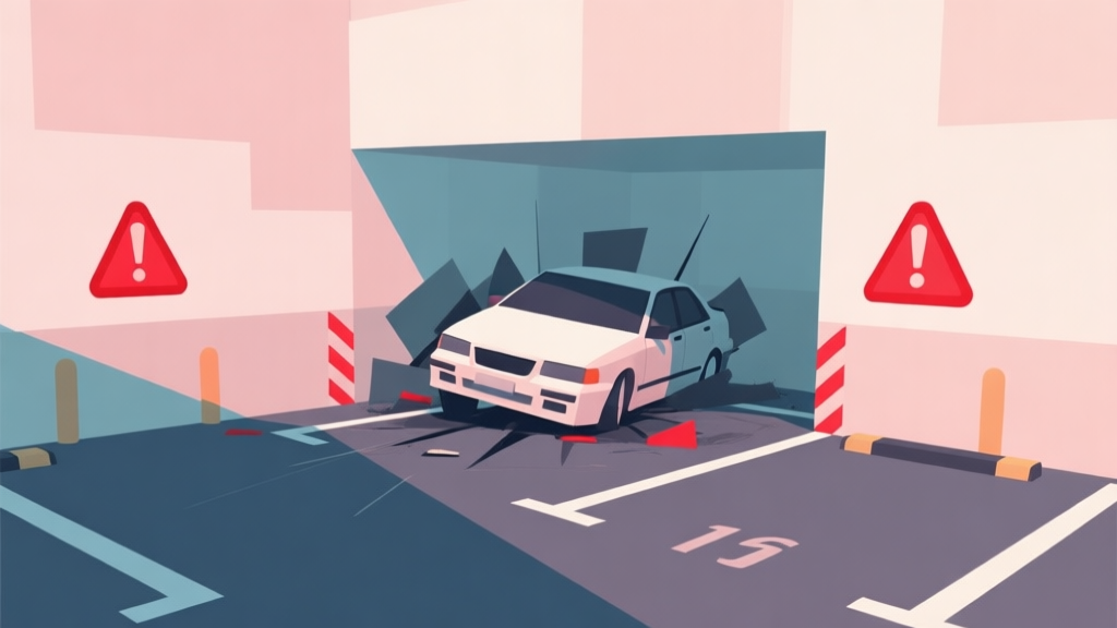 Abstract geometric composition showing a car misaligned in a parking bay, with red warning indicators and soft pastel colors, modern minimal style, professional game design concept illustration high quality illustration, detailed, 16:9