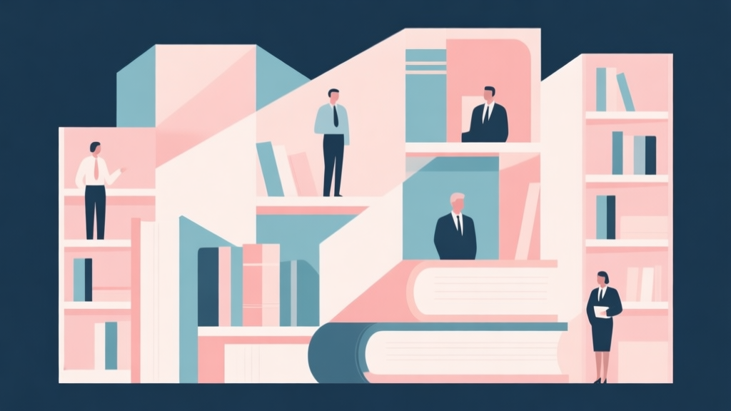 Abstract geometric composition with overlapping shapes representing books, shelves, and people, soft pastel colors, modern minimal style, professional business concept illustration high quality illustration, detailed, 16:9