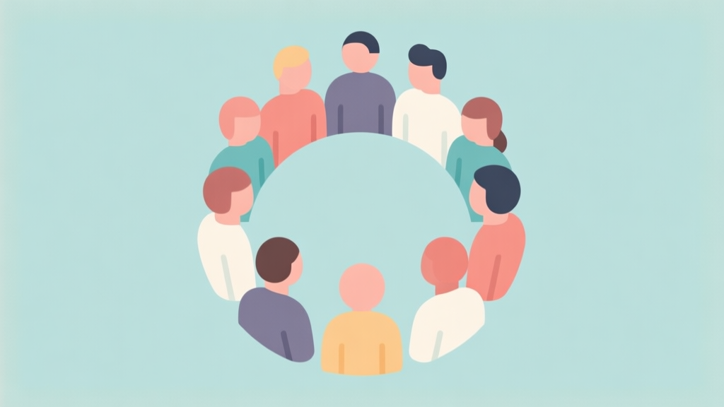 Simple human figures in circular arrangement, soft colors, flat design icons, teamwork concept illustration, minimalist style high quality illustration, detailed, 16:9