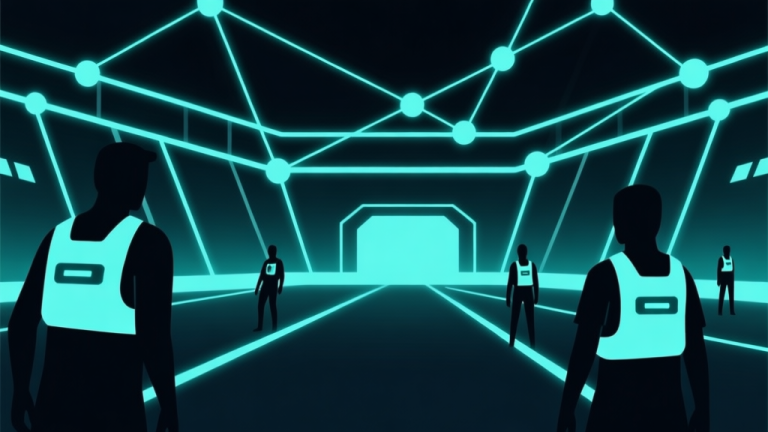 自动生成图片: Abstract geometric composition of a futuristic arena with glowing lines and nodes, players as simple silhouettes with sensor vests, dark background with neon accents, clean minimal design, immersive game concept illustration high quality illustration, detailed, 16:9