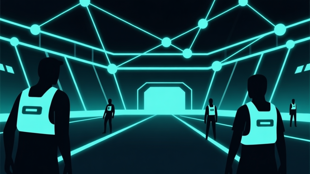 Abstract geometric composition of a futuristic arena with glowing lines and nodes, players as simple silhouettes with sensor vests, dark background with neon accents, clean minimal design, immersive game concept illustration high quality illustration, detailed, 16:9