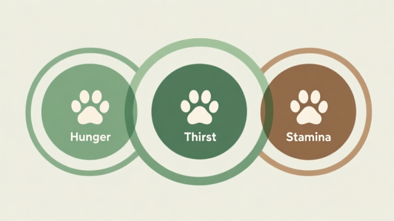 自动生成图片: A minimalist abstract illustration of three interconnected circles labeled Hunger, Thirst, and Stamina, with simple animal paw icons inside each. Soft natural color palette of greens and browns, clean lines, professional infographic style. high quality illustration, detailed, 16:9
