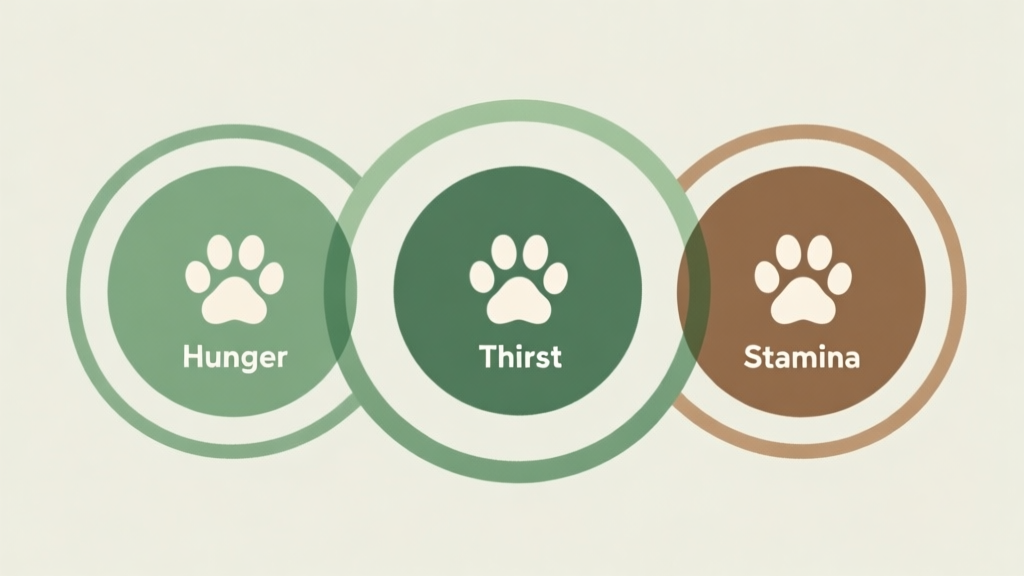 A minimalist abstract illustration of three interconnected circles labeled Hunger, Thirst, and Stamina, with simple animal paw icons inside each. Soft natural color palette of greens and browns, clean lines, professional infographic style. high quality illustration, detailed, 16:9