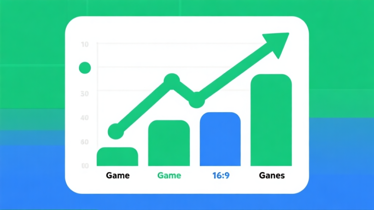 自动生成图片: Upward trending graph with simple geometric elements representing different game genres, green and blue color palette, clean business infographic style, minimal design high quality illustration, detailed, 16:9