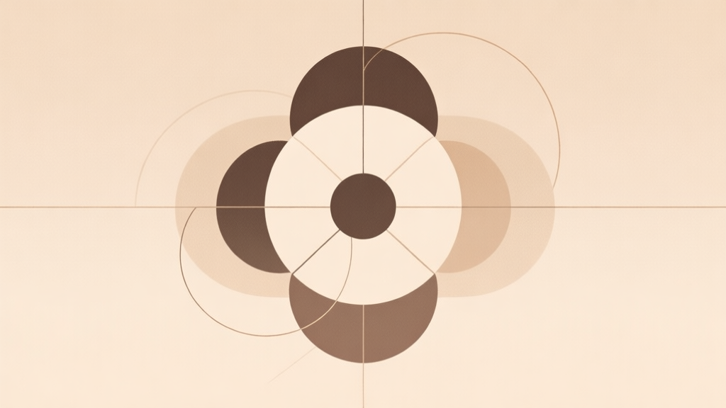 Abstract geometric composition with overlapping circles and connecting lines on a soft beige background, clean minimal style, professional board game concept illustration high quality illustration, detailed, 16:9