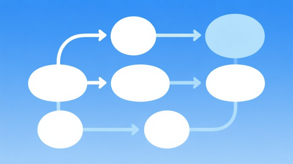 Simple flowchart illustration with connected circles and arrows, light blue and white color scheme, clean minimal design, business presentation style high quality illustration, detailed, 16:9